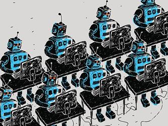 illustrated robots sitting at computers